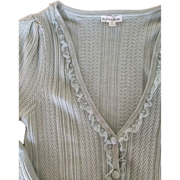 For Love & Lemons Lace Trimmed Cardigan Women's Sz XL Ribbed V-neck Fitted Mint - Picture 3 of 9
